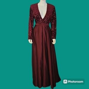 TS Couture Purple Satin Velvet Sequin Deep V Long Sleeve Formal Gown
